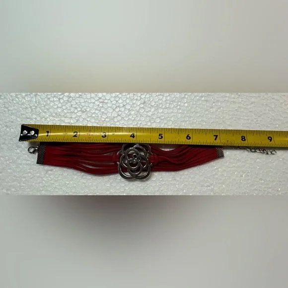 Red Leather Bracelet with Silver Floral Accent - Picture 4 of 5